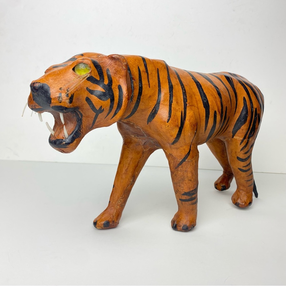 Vintage Leather Wrapped Orange Sumatran Tiger w/ Black‎ Stripes Teeth Glass Eyes